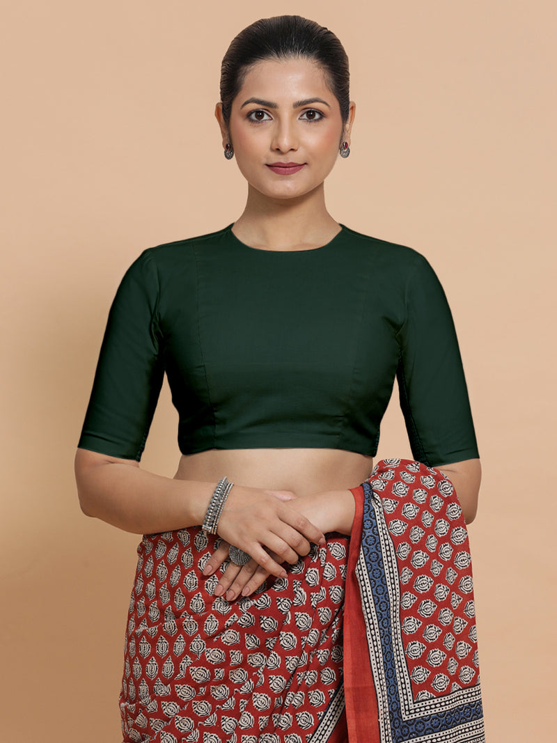 Suhana x Rozaana | Jewel Neck Moss Green Plain Cotton Saree Blouse-Binks