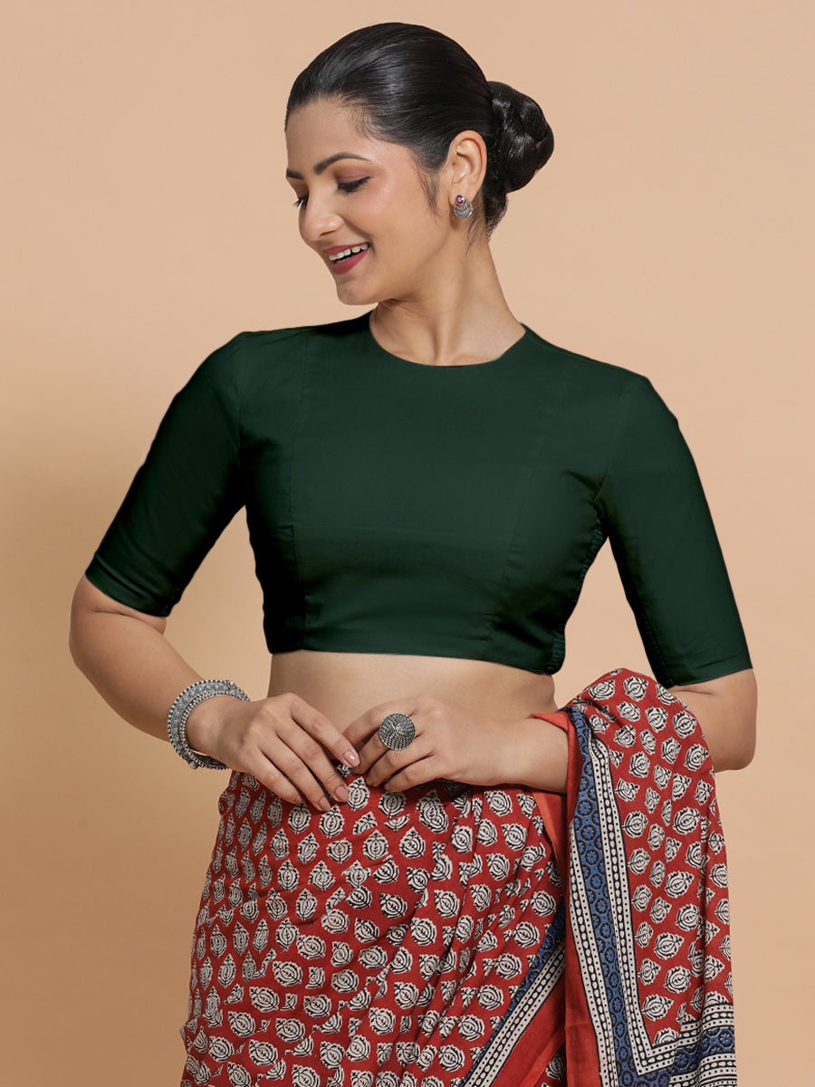 Suhana x Rozaana Saree Blouse, in Green Cotton, featuring elbow sleeves and jewel neckline, made for daily & work (view 8).