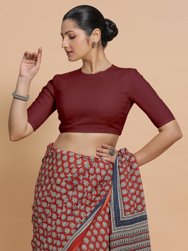 Suhana x Rozaana | Jewel Neck Royal Maroon Plain Cotton Saree Blouse-Binks