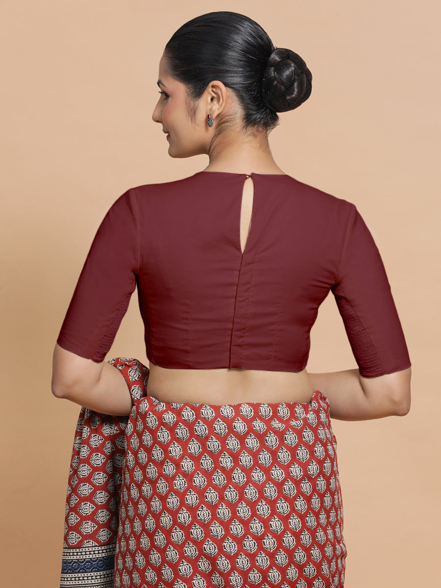 Suhana x Rozaana Saree Blouse, in Maroon Cotton, featuring elbow sleeves and jewel neckline, made for daily & work (view 2).