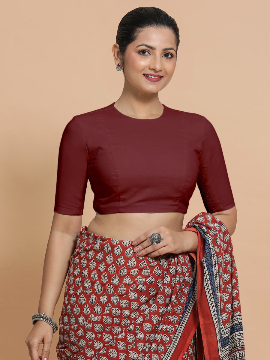Suhana x Rozaana Saree Blouse, in Maroon Cotton, featuring elbow sleeves and jewel neckline, made for daily & work (view 7).