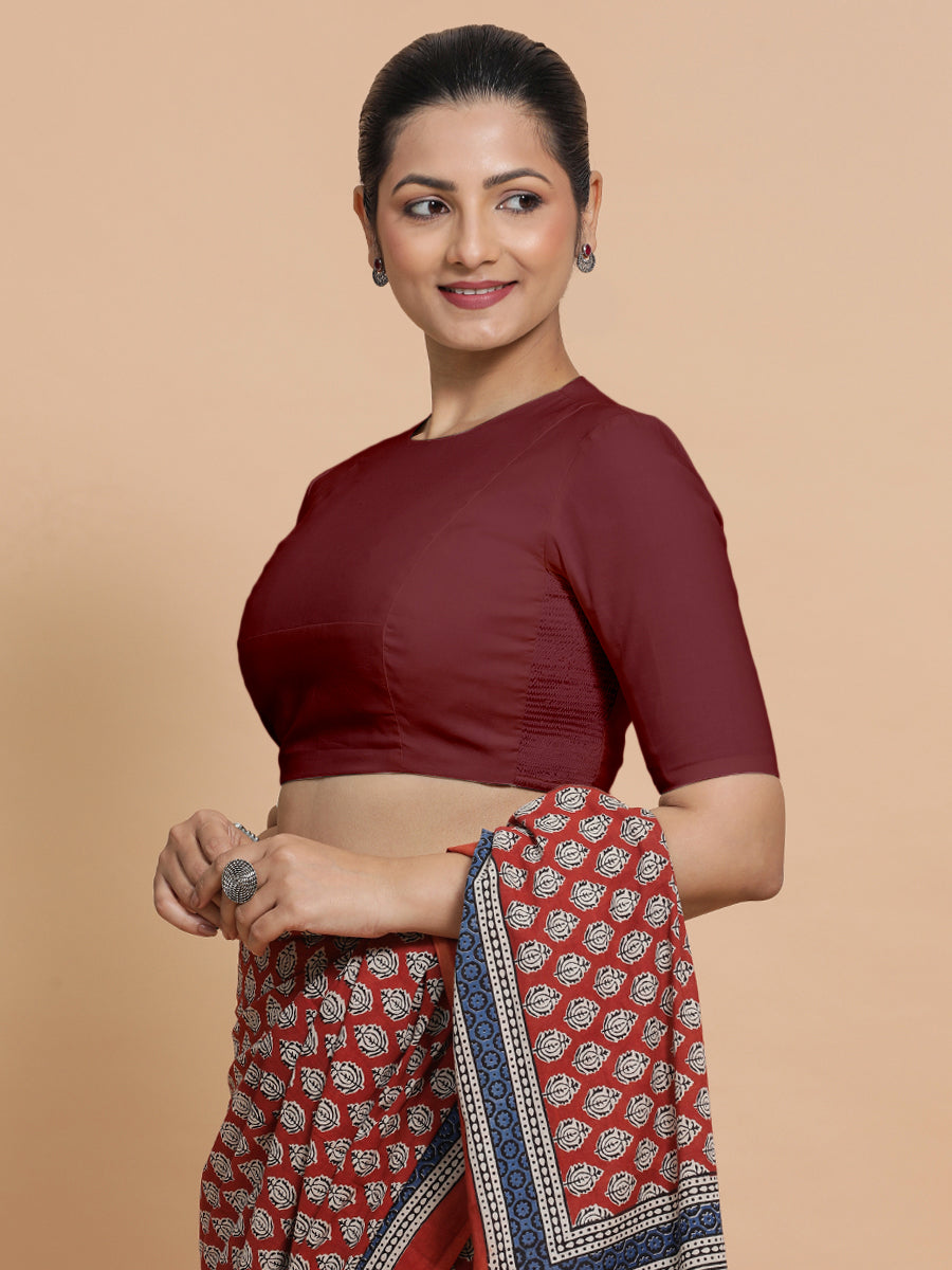 Suhana x Rozaana Saree Blouse, in Maroon Cotton, featuring elbow sleeves and jewel neckline, made for daily & work (view 8).