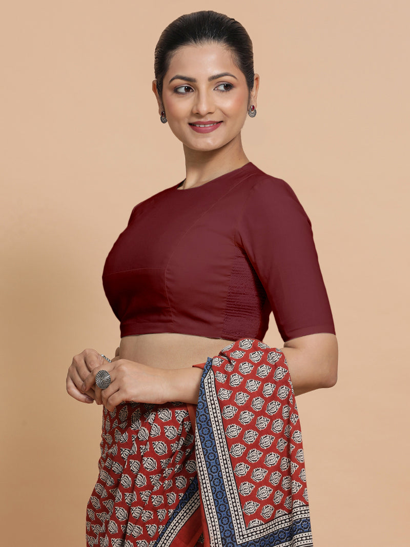 Suhana x Rozaana | Jewel Neck Royal Maroon Plain Cotton Saree Blouse-Binks
