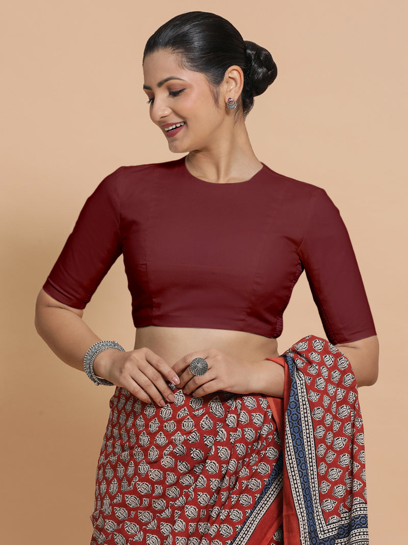 Suhana x Rozaana | Jewel Neck Royal Maroon Plain Cotton Saree Blouse-Binks