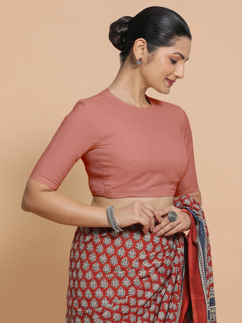 Suhana x Rozaana | Jewel Neck Soft Peach Plain Cotton Saree Blouse-Binks