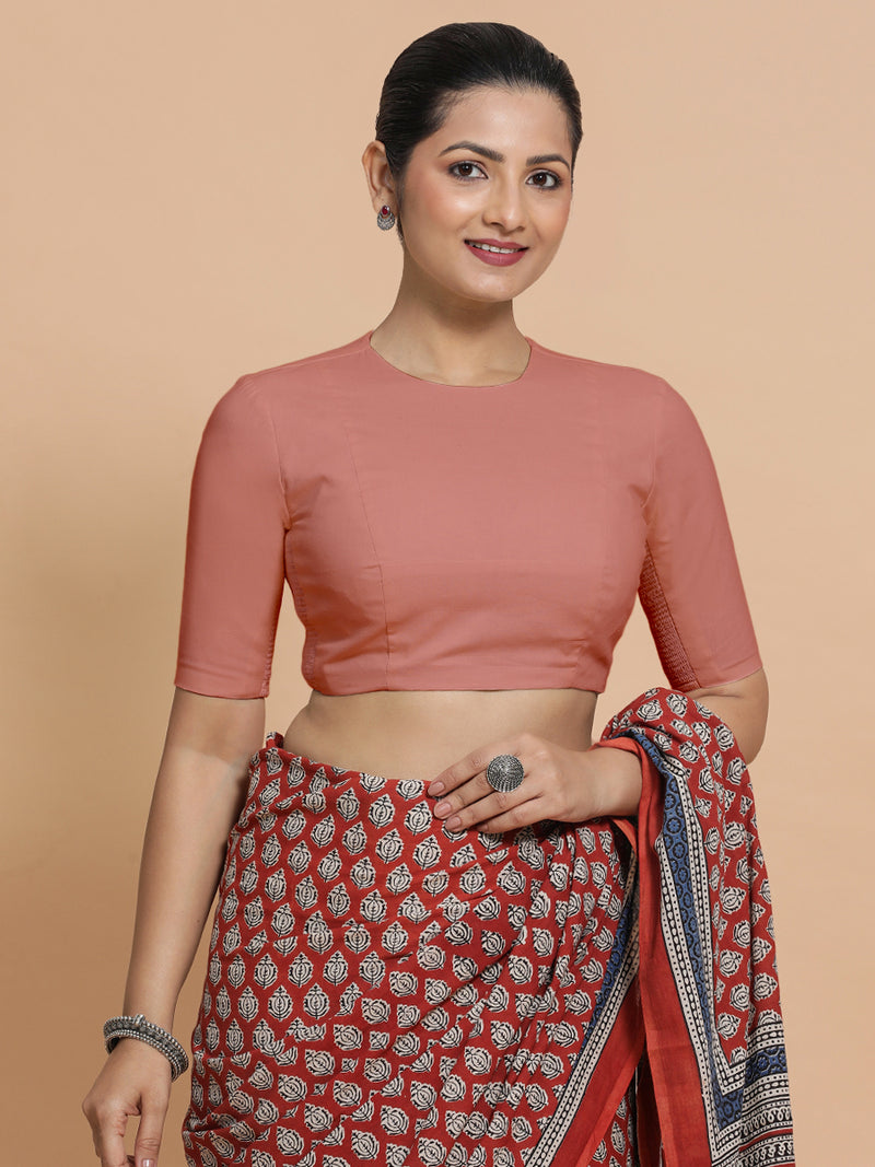 Suhana x Rozaana | Jewel Neck Soft Peach Plain Cotton Saree Blouse-Binks