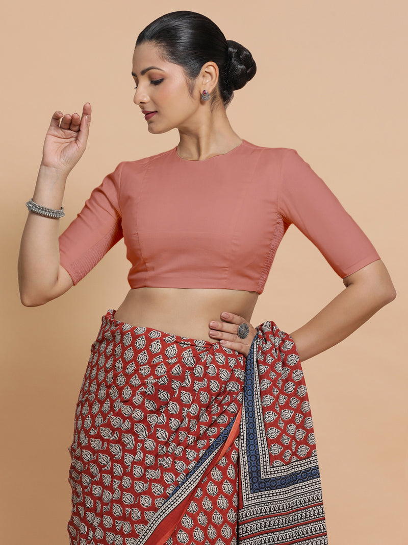 Suhana x Rozaana | Jewel Neck Soft Peach Plain Cotton Saree Blouse-Binks