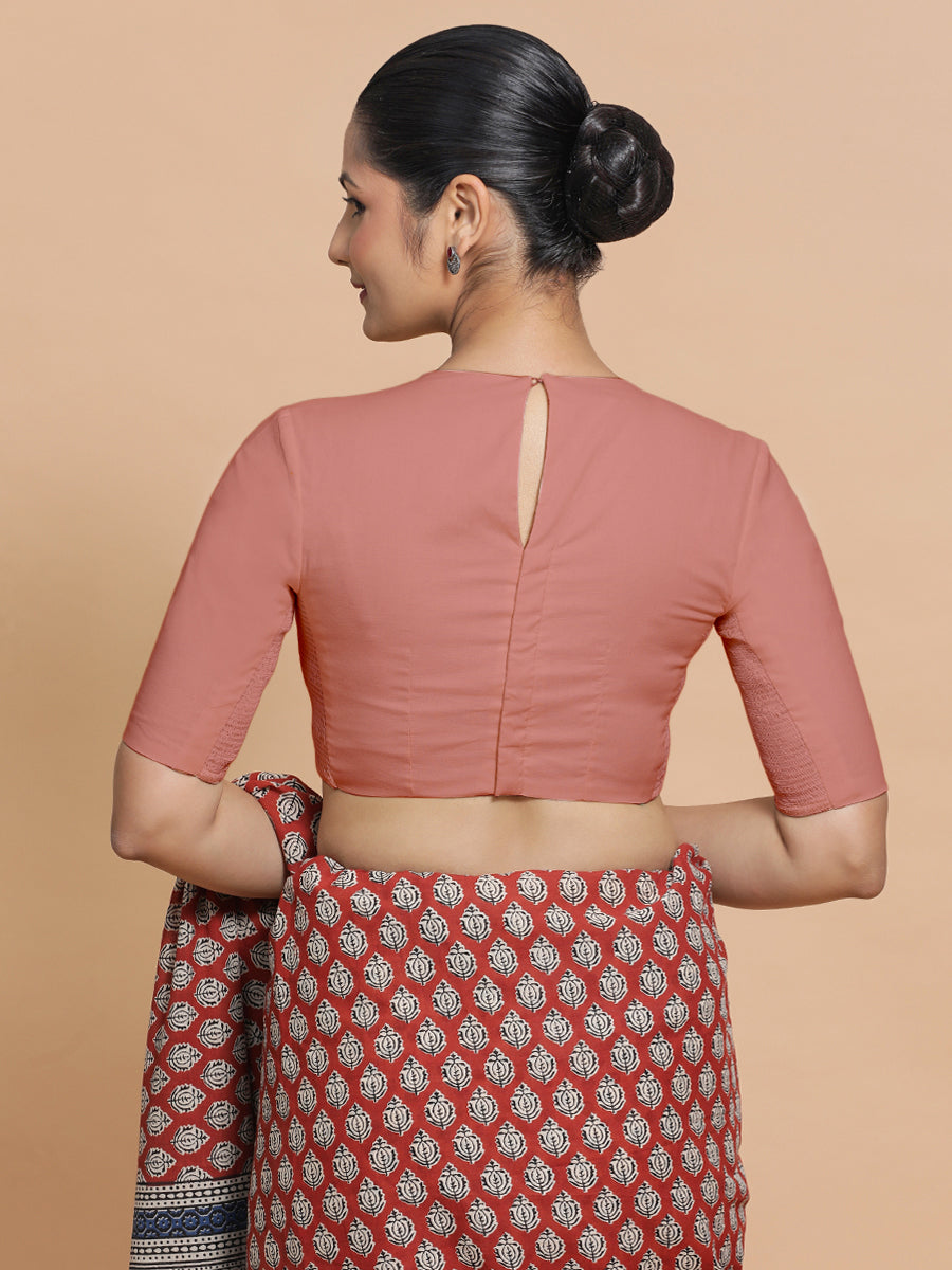 Suhana x Rozaana Saree Blouse, in Peach Cotton, featuring elbow sleeves and jewel neckline, made for daily & work (view 2).