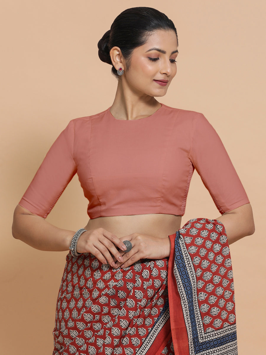 Suhana x Rozaana Saree Blouse, in Peach Cotton, featuring elbow sleeves and jewel neckline, made for daily & work (view 5).