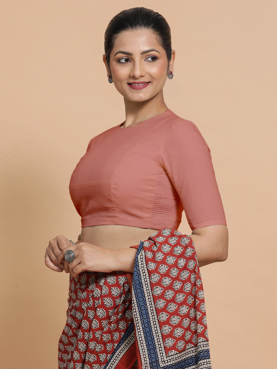 Suhana x Rozaana Saree Blouse, in Peach Cotton, featuring elbow sleeves and jewel neckline, made for daily & work (view 7).