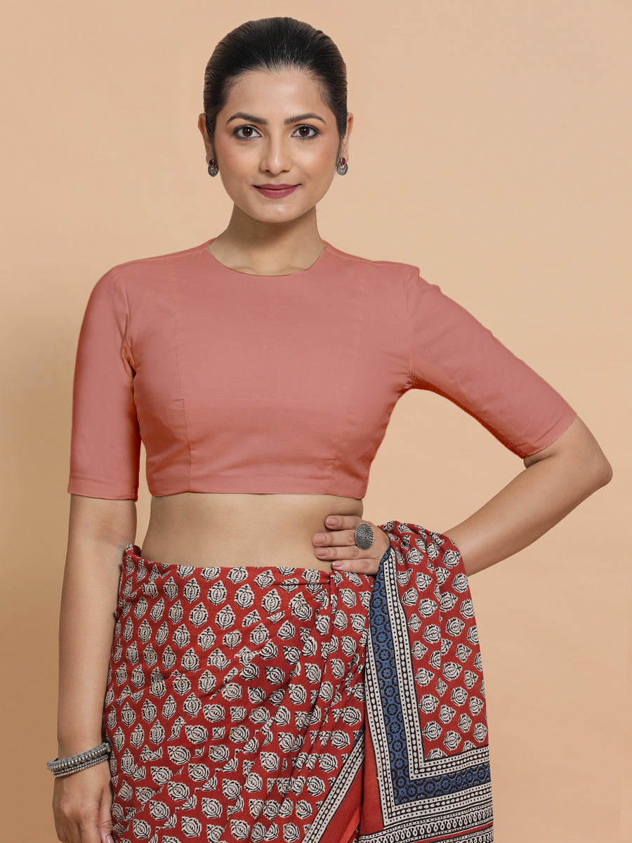 Suhana x Rozaana Saree Blouse, in Peach Cotton, featuring elbow sleeves and jewel neckline, made for daily & work (view 8).