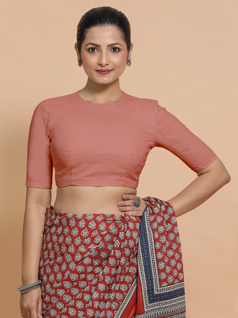 Suhana x Rozaana | Jewel Neck Soft Peach Plain Cotton Saree Blouse-Binks