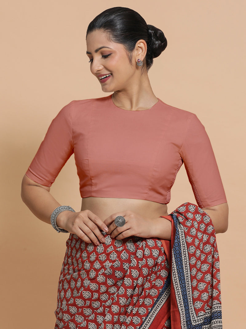 Suhana x Rozaana | Jewel Neck Soft Peach Plain Cotton Saree Blouse-Binks