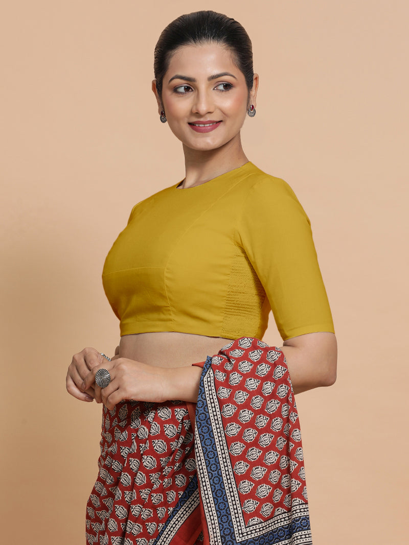 Suhana x Rozaana | Jewel Neck Sunny Yellow Plain Cotton Saree Blouse-Binks