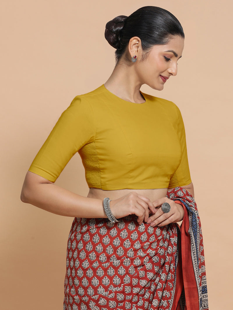 Suhana x Rozaana | Jewel Neck Sunny Yellow Plain Cotton Saree Blouse-Binks