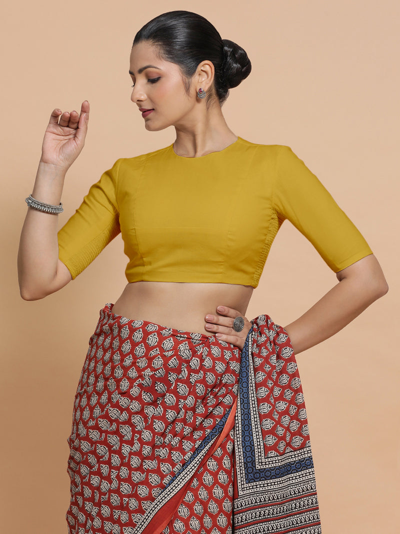 Suhana x Rozaana | Jewel Neck Sunny Yellow Plain Cotton Saree Blouse-Binks