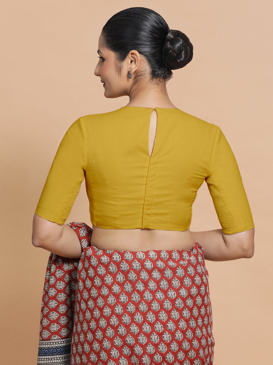 Suhana x Rozaana Saree Blouse, in Yellow Cotton, featuring elbow sleeves and jewel neckline, made for daily & work (view 2).