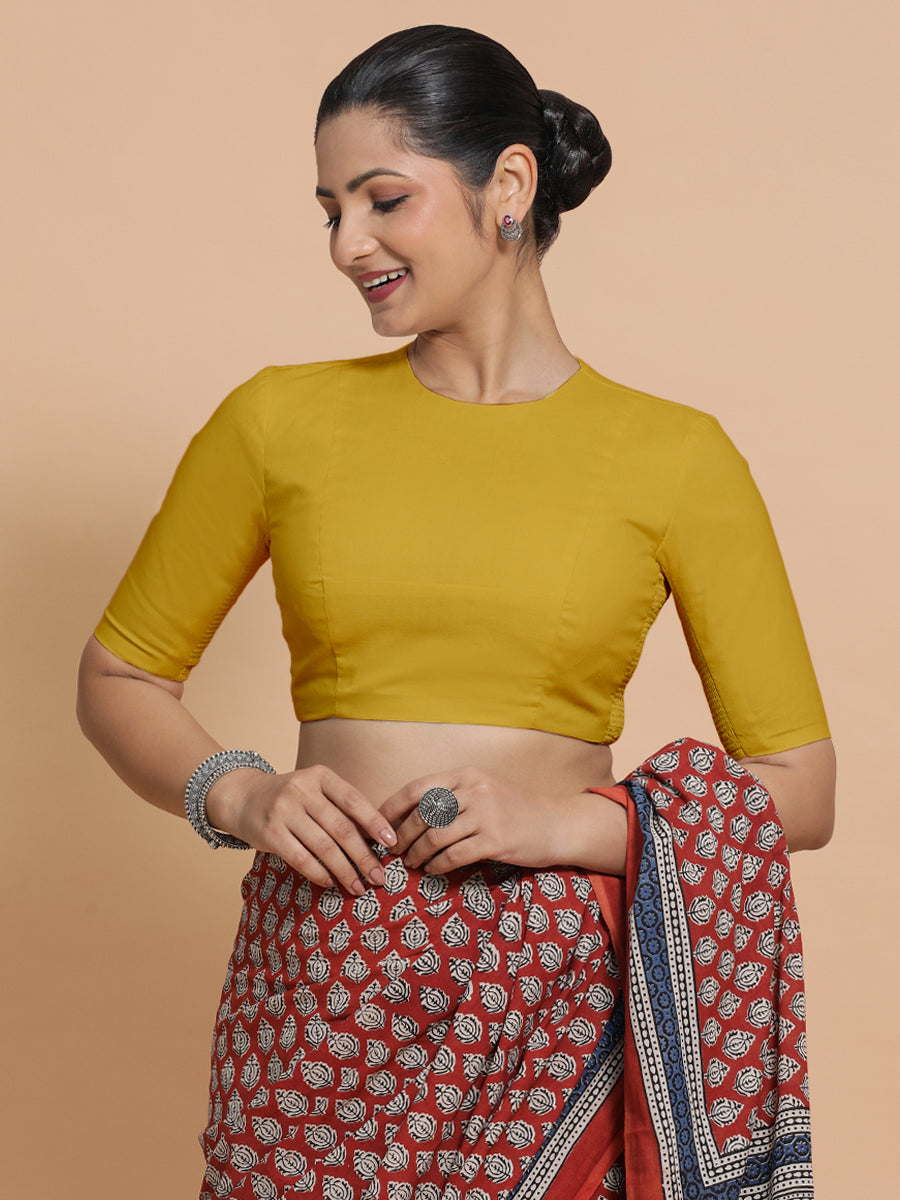 Suhana x Rozaana Saree Blouse, in Yellow Cotton, featuring elbow sleeves and jewel neckline, made for daily & work (view 8).