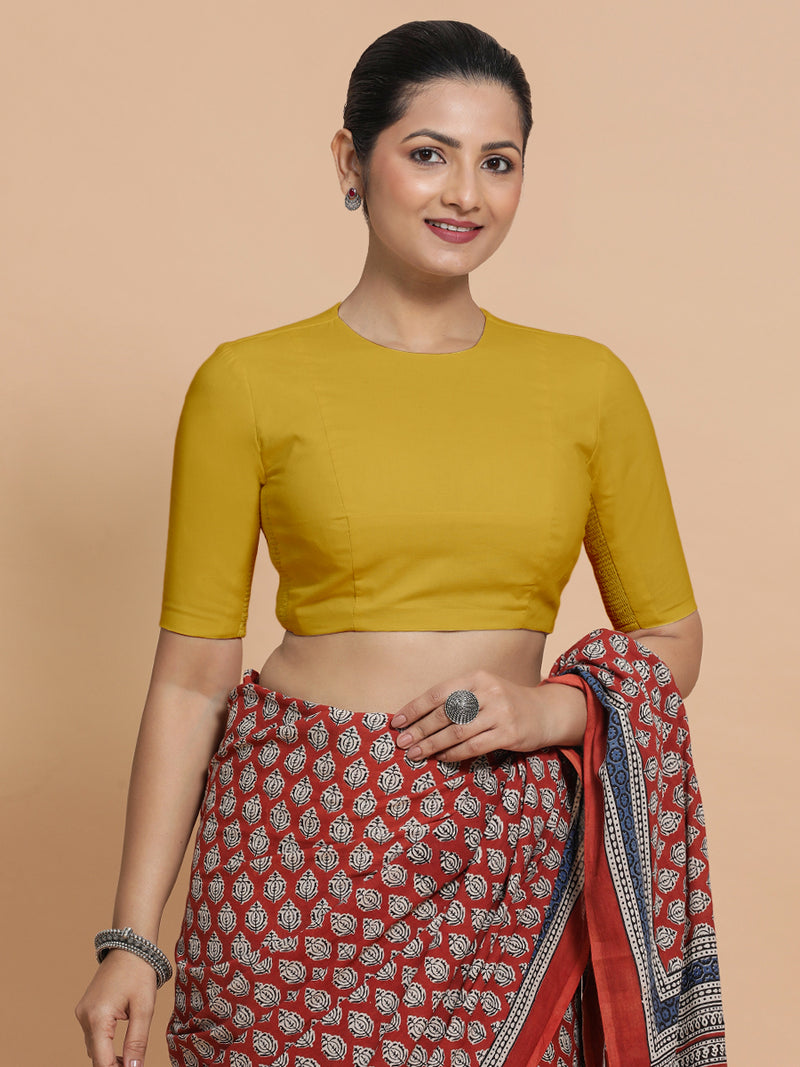 Suhana x Rozaana | Jewel Neck Sunny Yellow Plain Cotton Saree Blouse-Binks