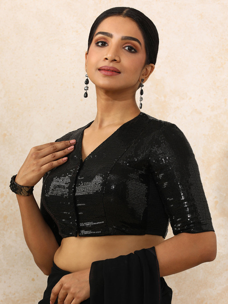 Sunidhi x Tyohaar | Elbow Sleeves Black Sequined Saree Blouse with V-Neck-Binks