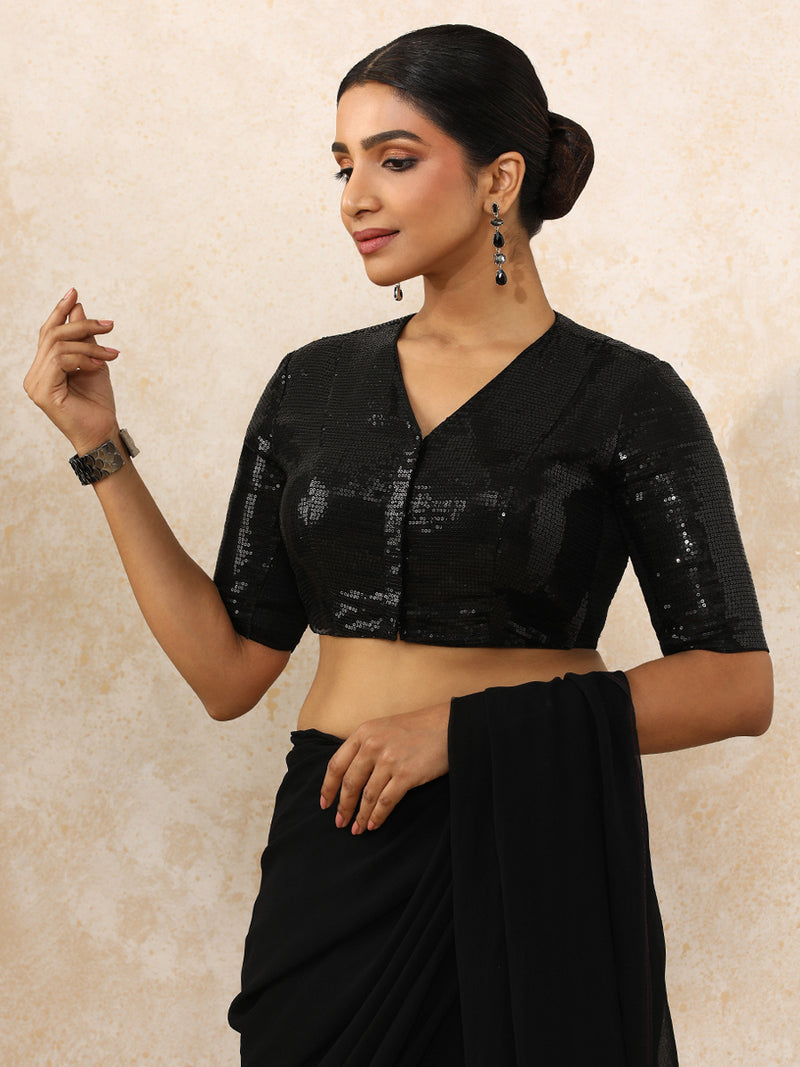 Sunidhi x Tyohaar | Elbow Sleeves Black Sequined Saree Blouse with V-Neck-Binks