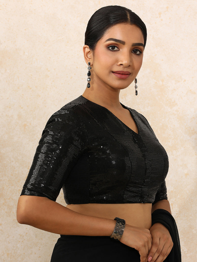 Sunidhi x Tyohaar | Elbow Sleeves Black Sequined Saree Blouse with V-Neck-Binks