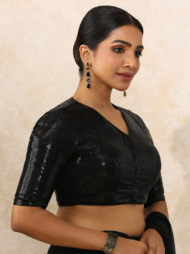 Sunidhi x Tyohaar | Elbow Sleeves Black Sequined Saree Blouse with V-Neck-Binks