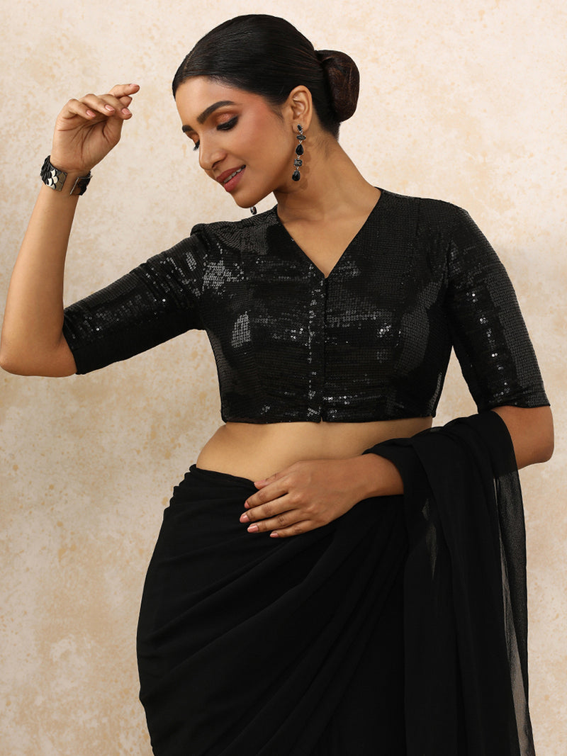 Sunidhi x Tyohaar | Elbow Sleeves Black Sequined Saree Blouse with V-Neck-Binks