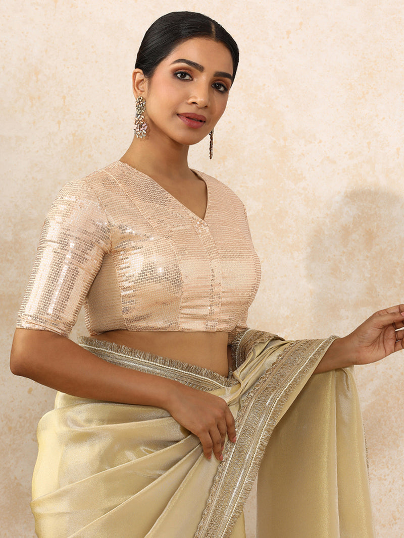 Sunidhi x Tyohaar | Elbow Sleeves Champagne Sequined Saree Blouse with V-Neck-Binks