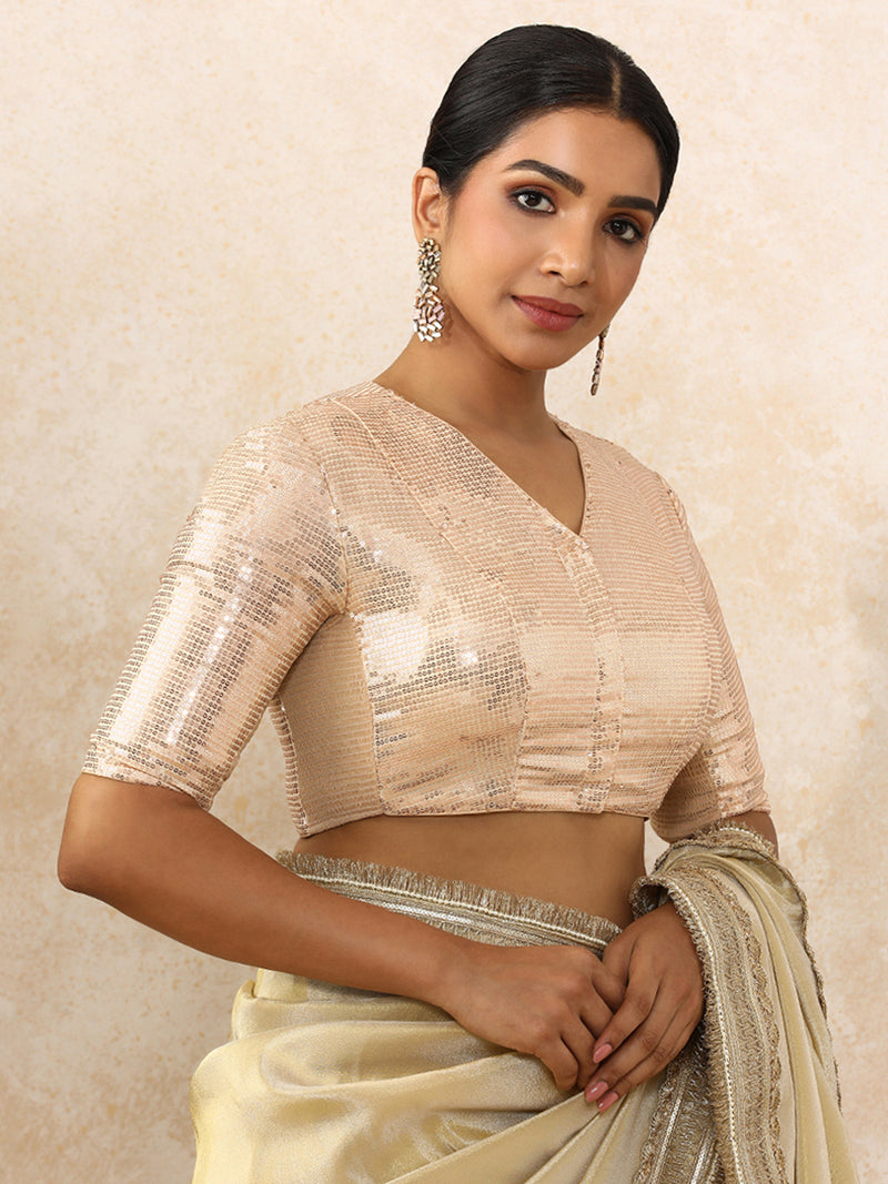 Sunidhi x Tyohaar | Elbow Sleeves Champagne Sequined Saree Blouse with V-Neck-Binks