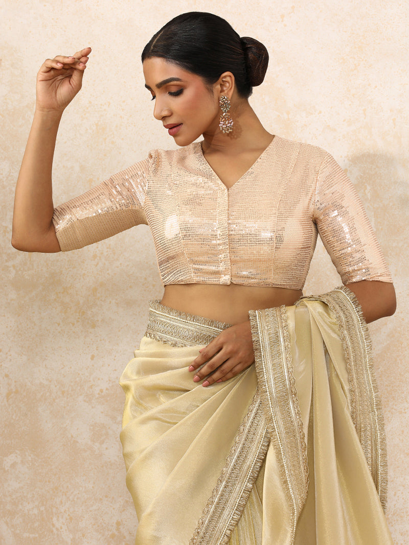 Sunidhi x Tyohaar | Elbow Sleeves Champagne Sequined Saree Blouse with V-Neck-Binks