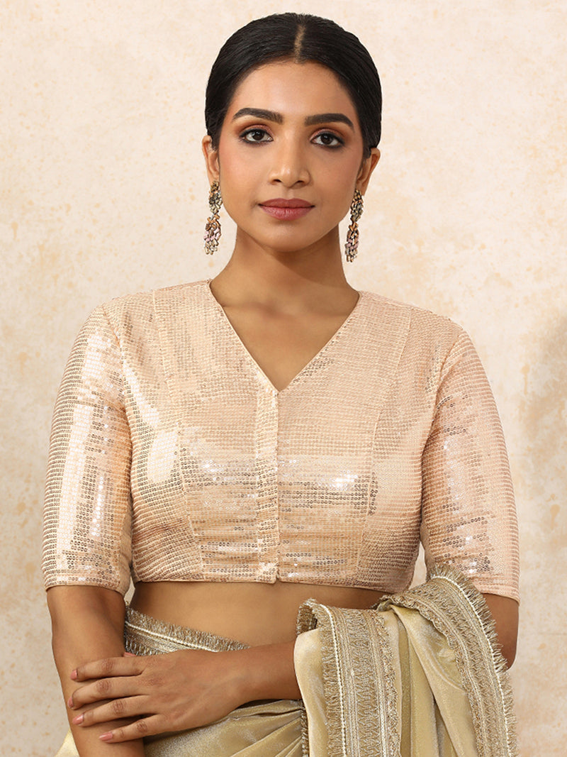 Sunidhi x Tyohaar | Elbow Sleeves Champagne Sequined Saree Blouse with V-Neck-Binks