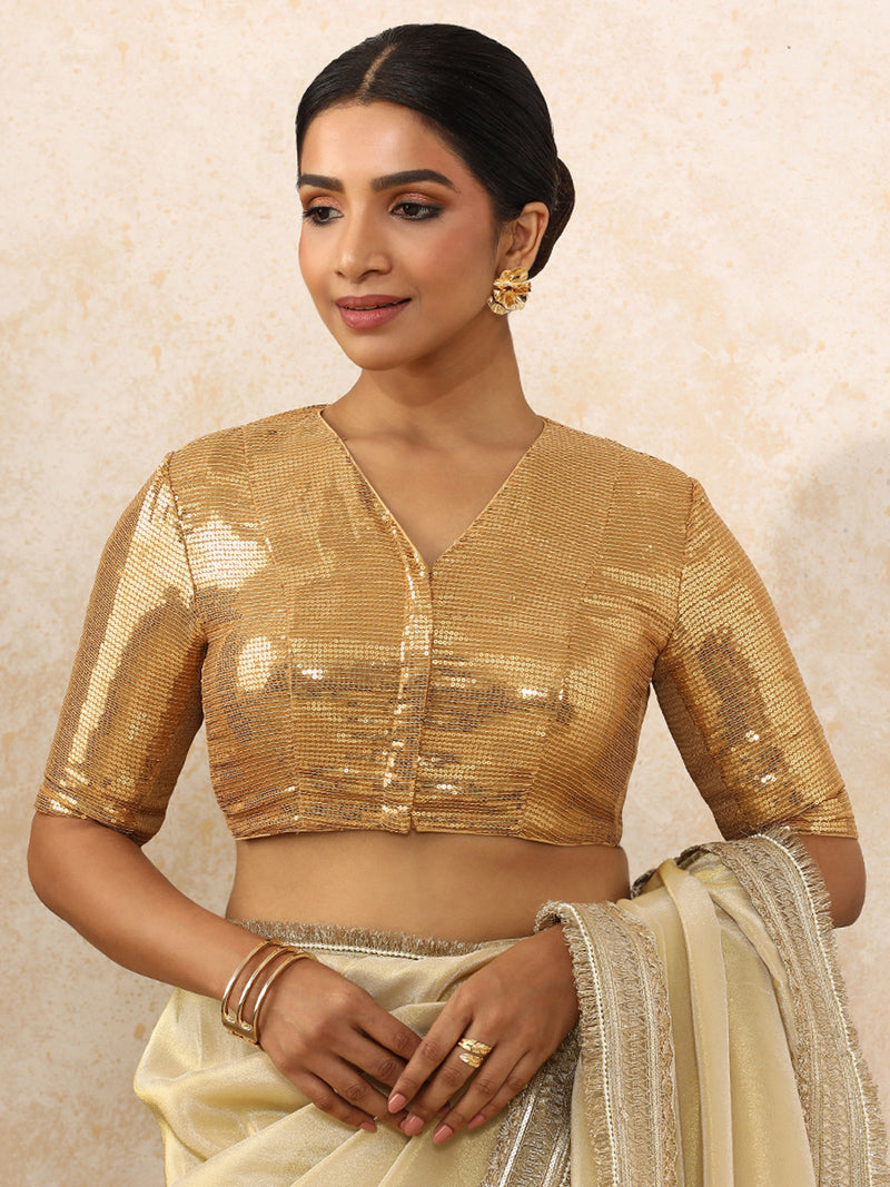 Sunidhi x Tyohaar | Elbow Sleeves Gold Sequined Saree Blouse with V-Neck-Binks