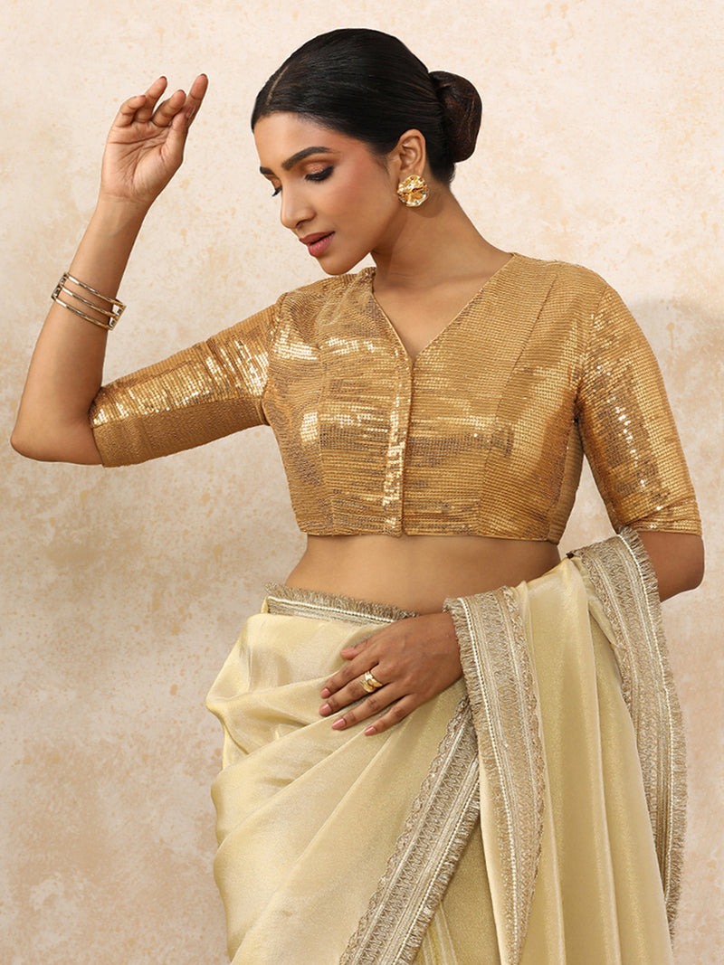 Sunidhi x Tyohaar | Elbow Sleeves Gold Sequined Saree Blouse with V-Neck-Binks
