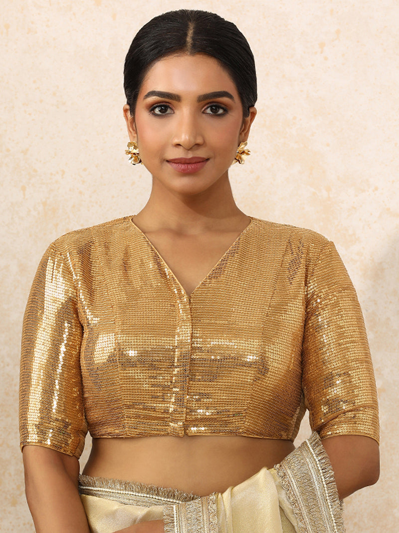 Sunidhi x Tyohaar | Elbow Sleeves Gold Sequined Saree Blouse with V-Neck-Binks
