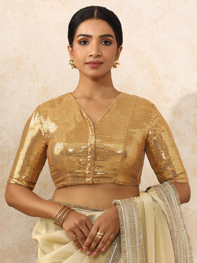 Sunidhi x Tyohaar | Elbow Sleeves Gold Sequined Saree Blouse with V-Neck-Binks