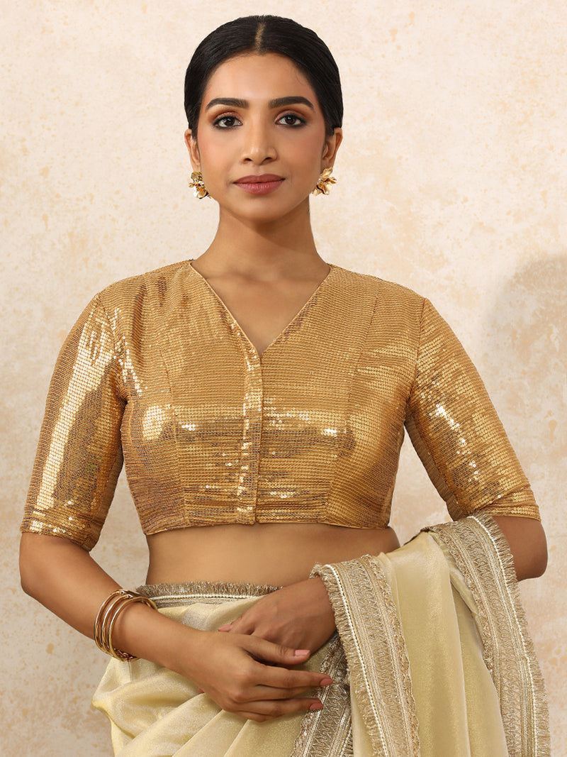 Sunidhi x Tyohaar | Elbow Sleeves Gold Sequined Saree Blouse with V-Neck-Binks