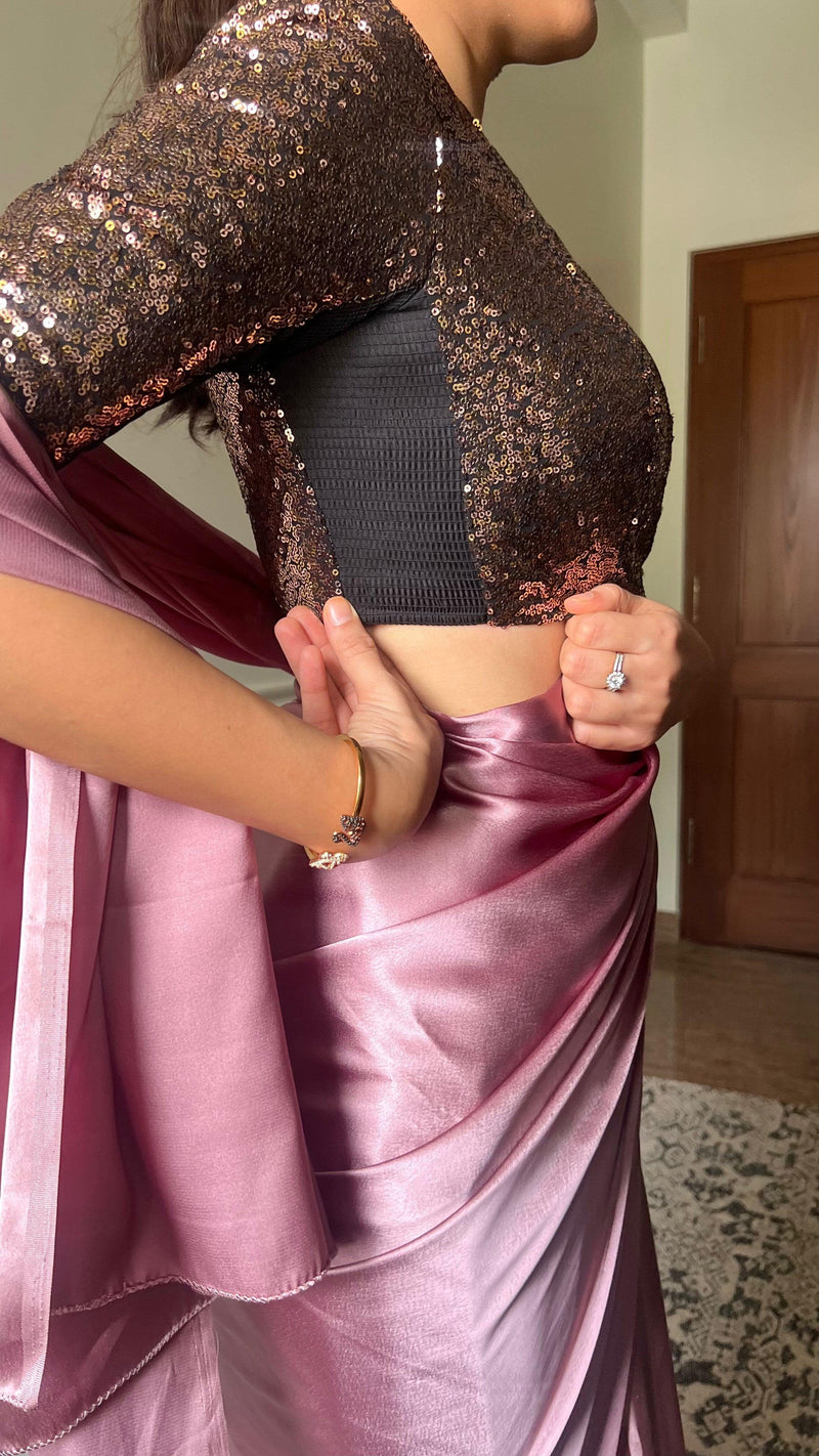 Surina x Tyohaar | Elbow Sleeves Gold Sequined Shimmer Saree Blouse with Jewel Neck-Binks