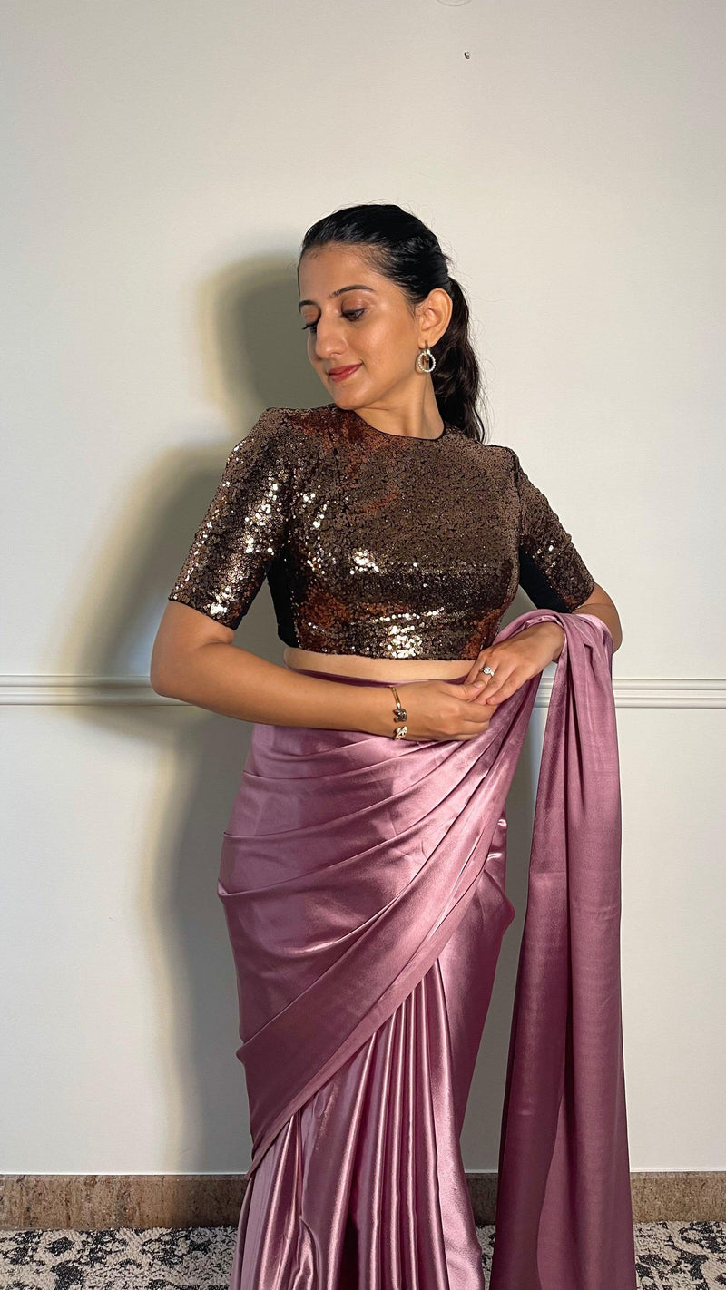 Surina x Tyohaar | Elbow Sleeves Gold Sequined Shimmer Saree Blouse with Jewel Neck-Binks