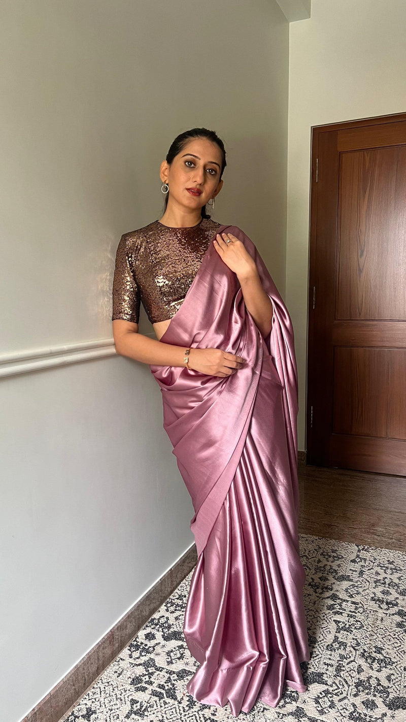 Surina x Tyohaar | Elbow Sleeves Gold Sequined Shimmer Saree Blouse with Jewel Neck-Binks