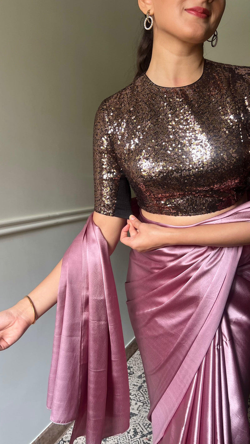 Surina x Tyohaar | Elbow Sleeves Gold Sequined Shimmer Saree Blouse with Jewel Neck-Binks