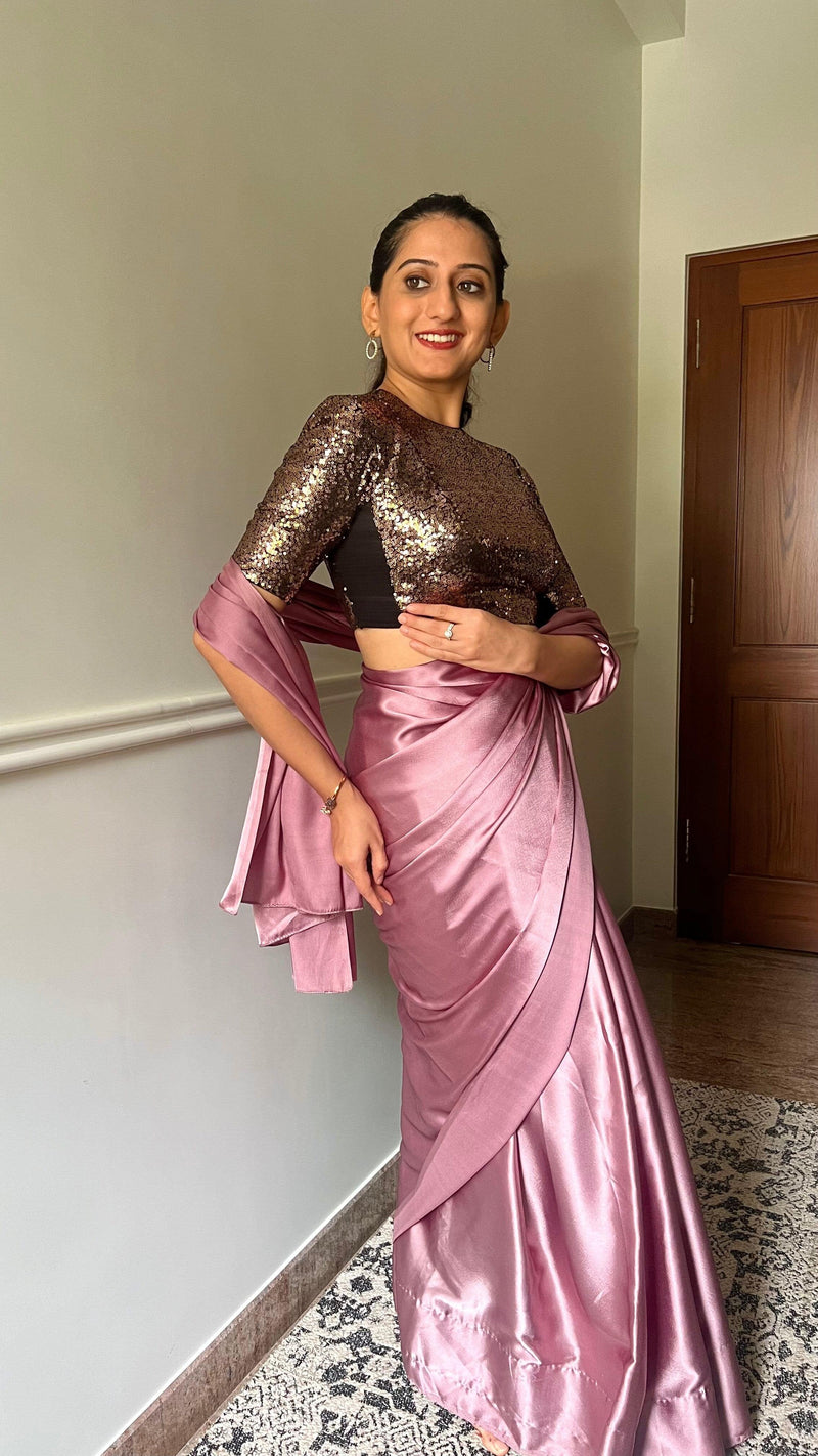 Surina x Tyohaar | Elbow Sleeves Gold Sequined Shimmer Saree Blouse with Jewel Neck-Binks