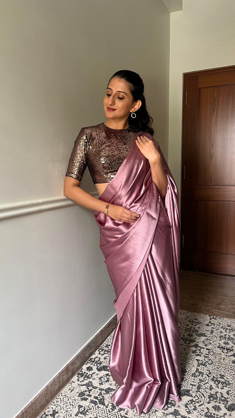 Surina x Tyohaar | Elbow Sleeves Gold Sequined Shimmer Saree Blouse with Jewel Neck-Binks