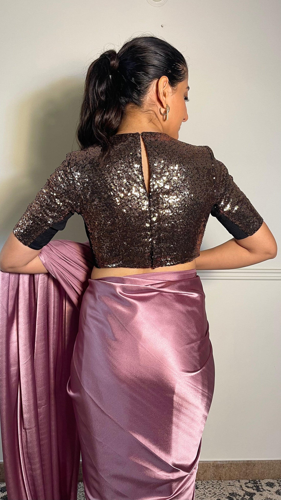Surina x Tyohaar Saree Blouse, in Gold Sequin, featuring elbow sleeves, made for party & festive (view 2).