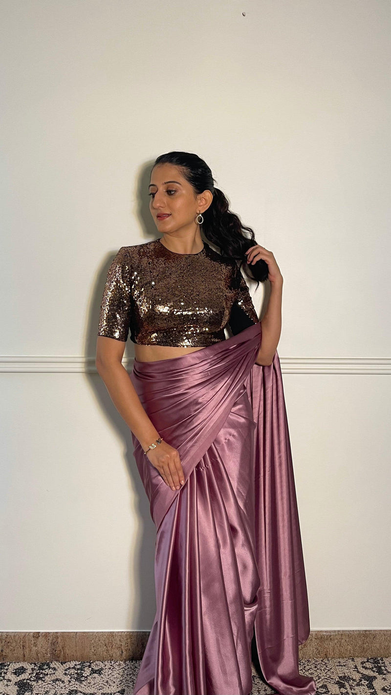 Surina x Tyohaar | Elbow Sleeves Gold Sequined Shimmer Saree Blouse with Jewel Neck-Binks