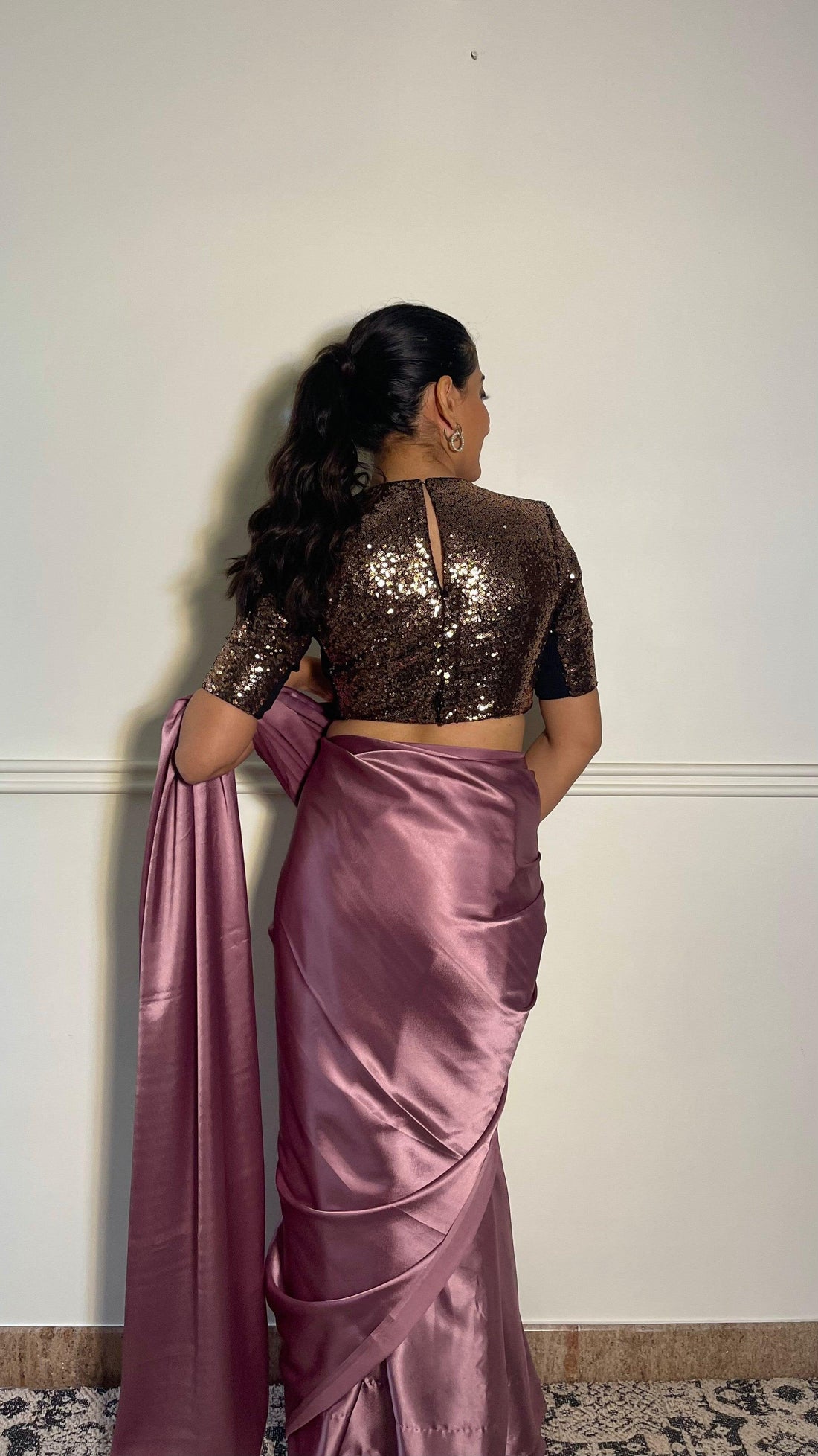 Surina x Tyohaar Saree Blouse, in Gold Sequin, featuring elbow sleeves, made for party & festive (view 4).