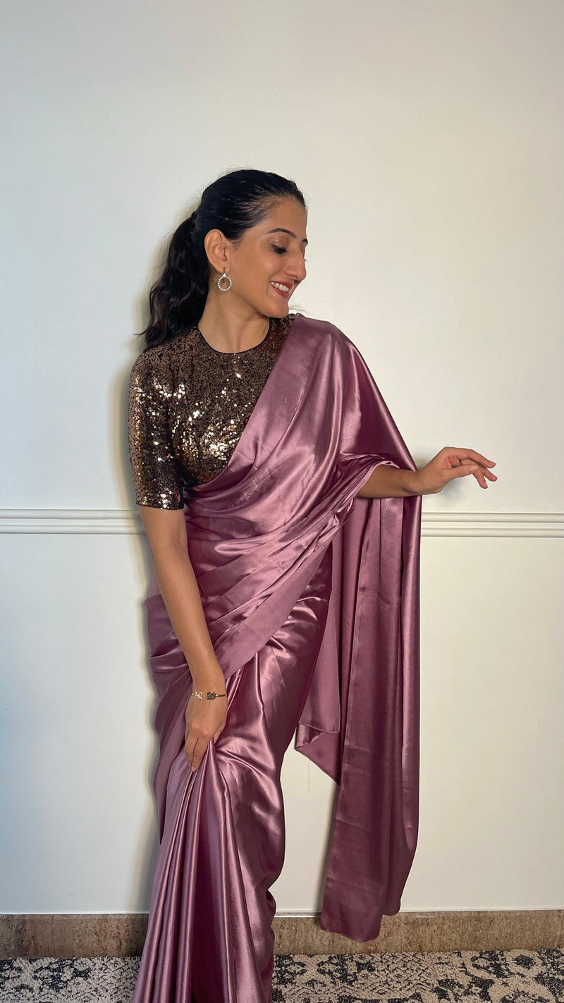 Surina x Tyohaar | Elbow Sleeves Gold Sequined Shimmer Saree Blouse with Jewel Neck-Binks