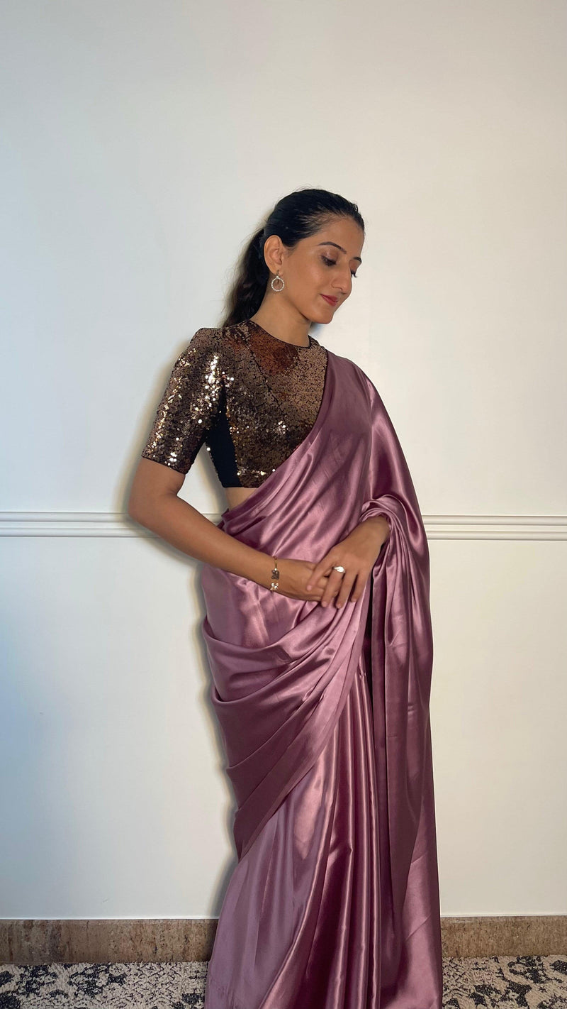 Surina x Tyohaar | Elbow Sleeves Gold Sequined Shimmer Saree Blouse with Jewel Neck-Binks