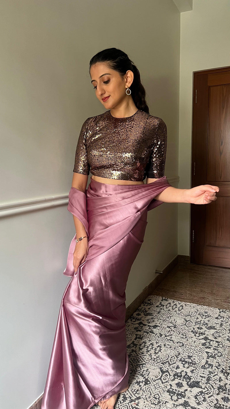 Surina x Tyohaar | Elbow Sleeves Gold Sequined Shimmer Saree Blouse with Jewel Neck-Binks