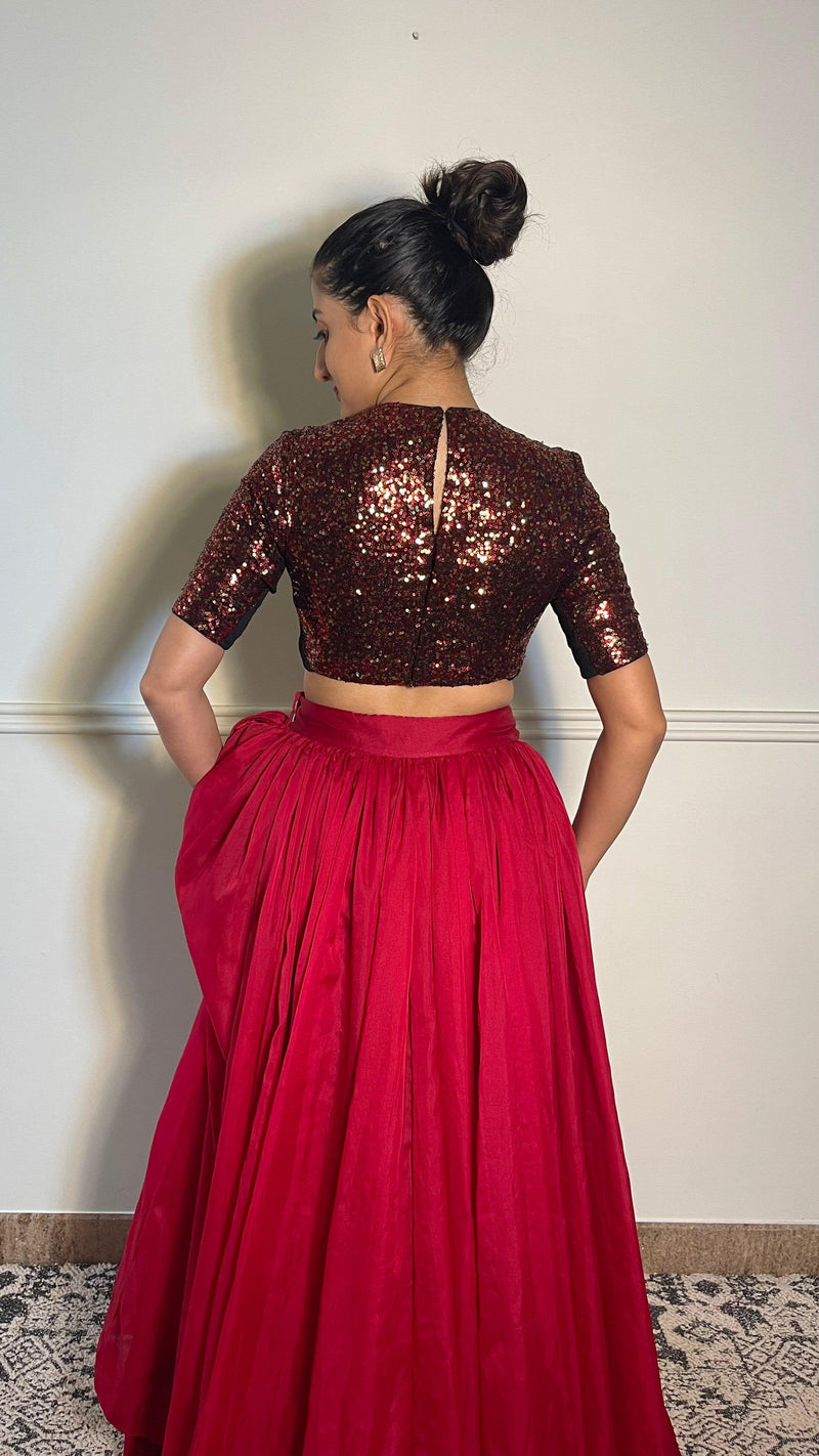 Surina x Tyohaar | Elbow Sleeves Red Sequined Shimmer Saree Blouse with Jewel Neck-Binks